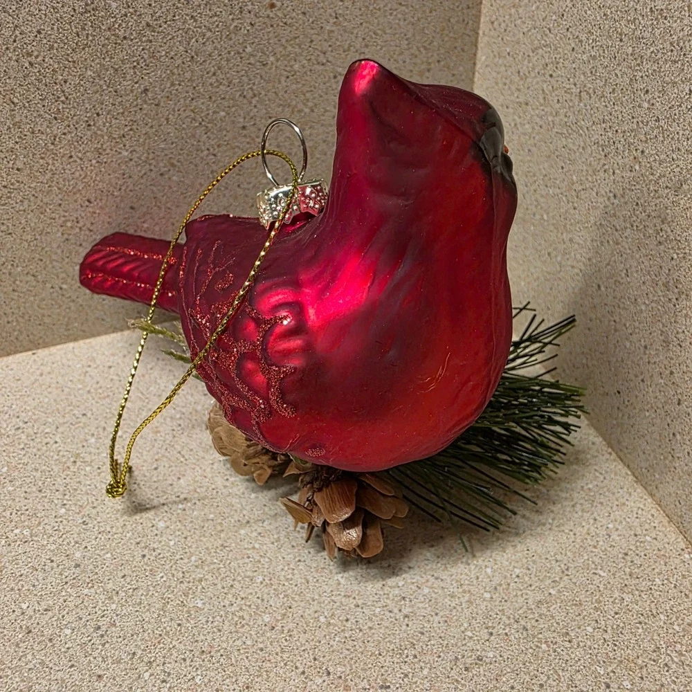Vintage Blown Glass Cardinal Bird  Christmas Ornament Red Glitter Pinecone Base